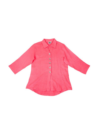 Neon Salmon colored long sleeve collared button up top.