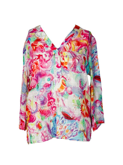 Multi Color tie dye style printed v-neck half button down long sleeve blouse