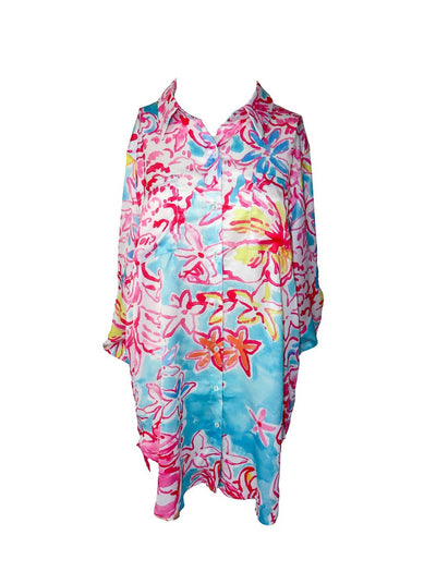 Floral multi colored print tunic style mini dress with button up detail, long sleeve, and collared/v-neck neckline.