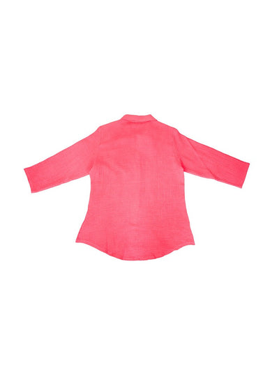Neon Salmon colored long sleeve collared button up top.