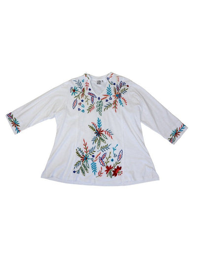 Multi colored floral embroidered white tunic top, 3/4th sleeves, and a split neck. 