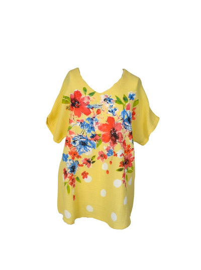 Yellow V-Neck floral and polka dot printed T-shirt.