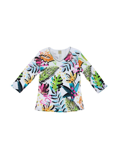 Multi colored tropical printed v-neck tunic top.