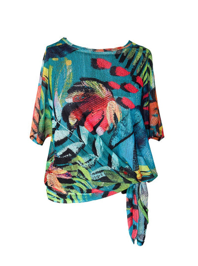 Tropical printed multi color short sleeve mesh blouse with a tie detail on the left side of hip.