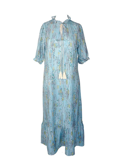 Light blue maxi dress with a split neck, tie detail at neck, 3/4th long sleeves, and a sequin print.