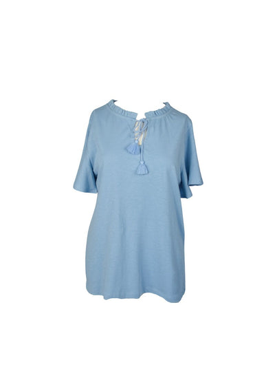 Baby blue split neck short sleeve blouse with a tie at the neck to tie together the split neck.