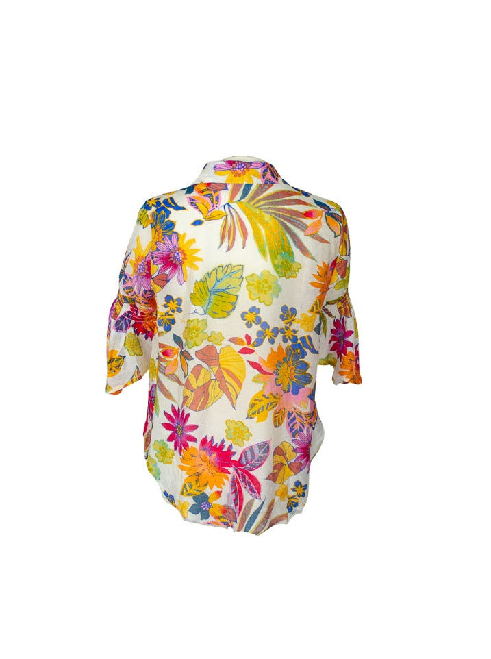 Floral printed multi coored summery button down blouse with 3/4th length sleeves.