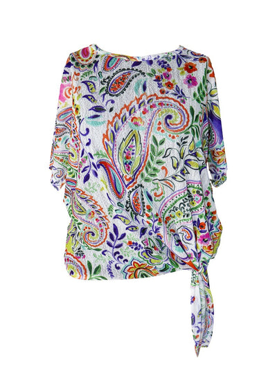 Paisley and floral multi color printed short sleeve blouse with a tie on the left hip.