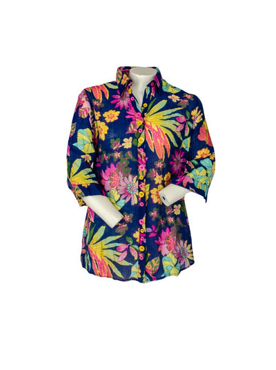 Floral multi colored printed button down collared blouse with 3/4th length sleeves.