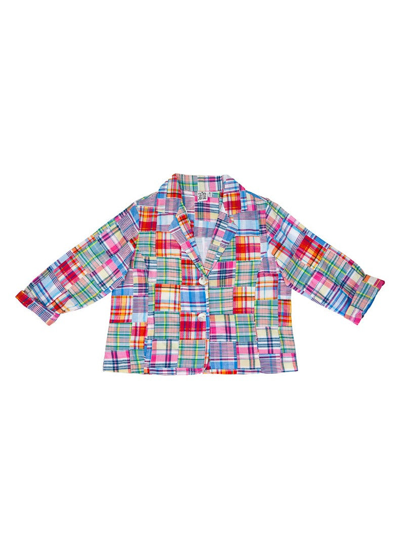 Multi colored, patch work plaid, v-neck, button up, slightly cropped jacket.