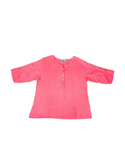 Neon salmon colored 3/4th sleeve top with buttons down the sleeves, and a half button up at the neck. 
