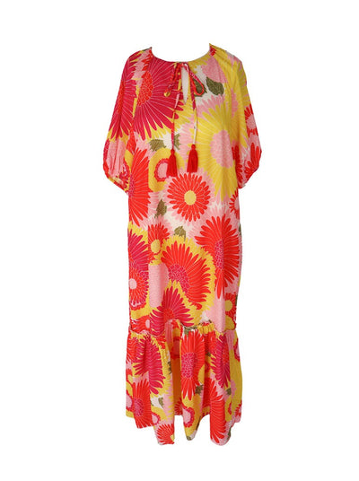 Long floral print multi color maxi dress with puffy half sleeves, split neck with a tie, and roushing on the bottom tier of dress.