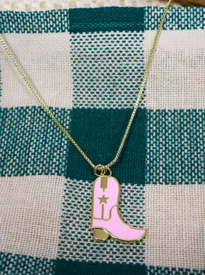 Pink and gold cowboy boot chain necklace
