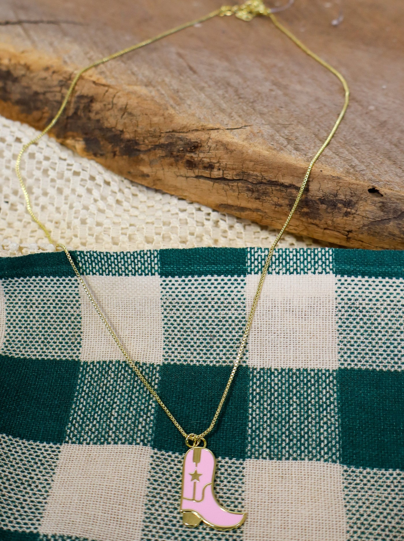 Pink and gold cowboy boot chain necklace