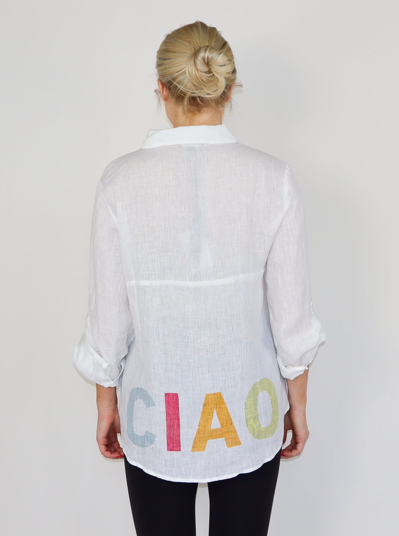 White linen button up with "Ciao" Printed on the backside.