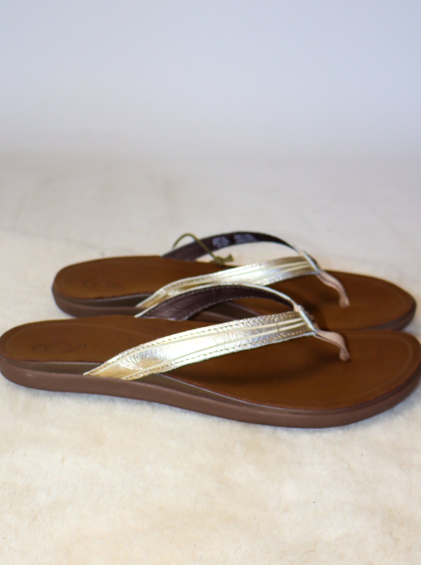 Brown leather beach sandals with metallic gold accent.