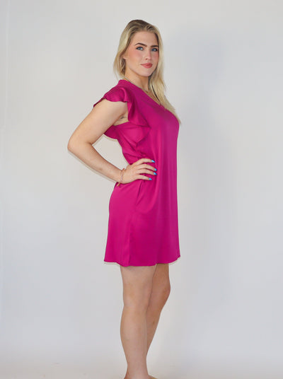 Fushcia v-neck flutter short sleeve short dress.