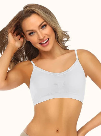 A model wearing a lace trimmed white cami bra.