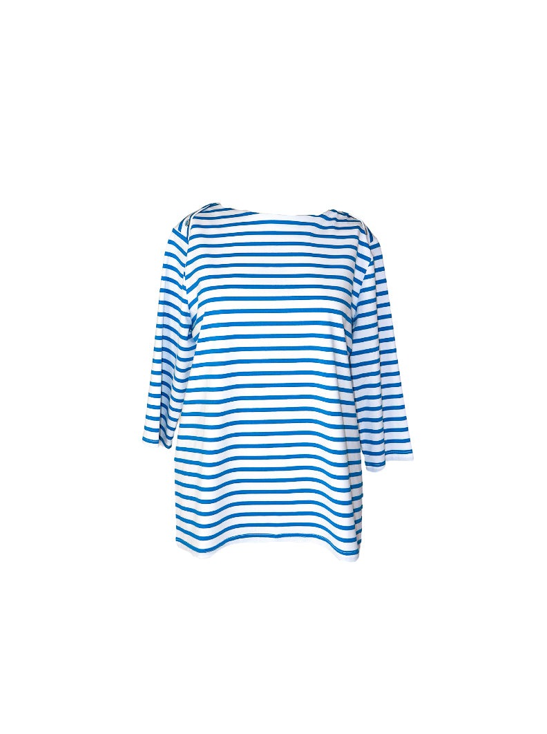 Horizontal striped blue and whitw 3/4th sleeve blouse with buttons on each collar bone area..