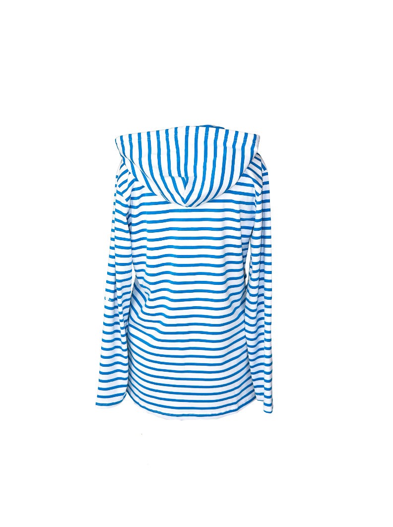 Blue and white horizontal stripe zip up hoodie