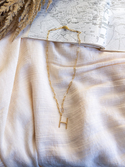 A square link/ paperclip style chain necklace with a twisted capital H attached to it.