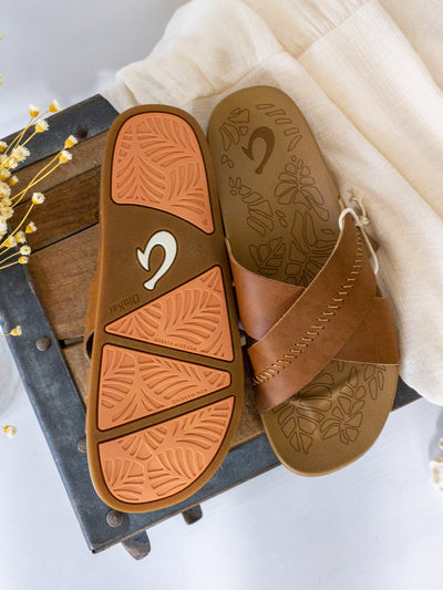 A brown leather slide style sandal that has two crossover straps and stitching detail on the top one.